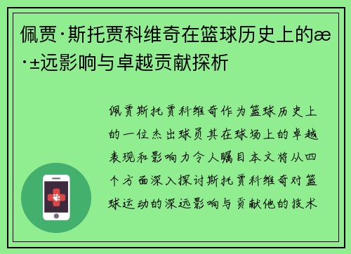 佩贾·斯托贾科维奇在篮球历史上的深远影响与卓越贡献探析