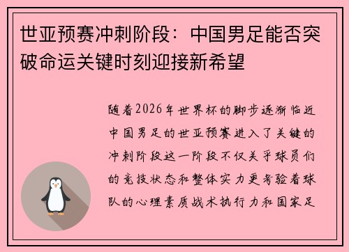 世亚预赛冲刺阶段：中国男足能否突破命运关键时刻迎接新希望